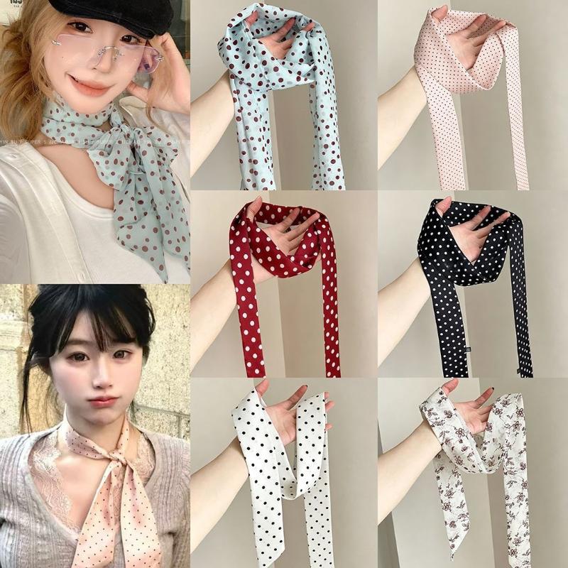 Ascot Neck Scarf - 水玉模様の花柄プリントシルクスカーフ薄いネックスカーフヘアバンドバッグリボン女性のためのヴィンテージ日常着アクセサリー