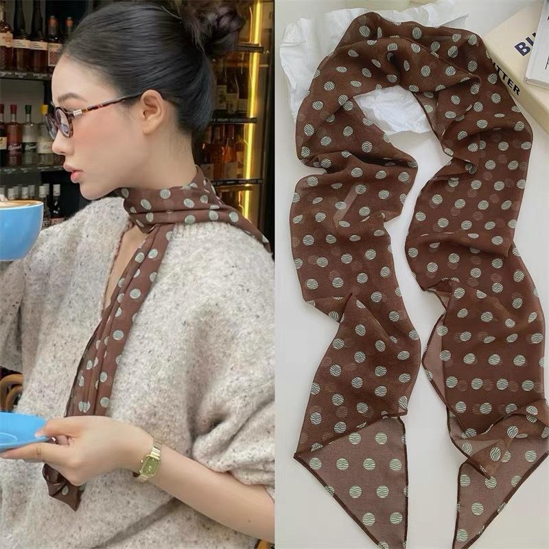 水玉模様の花柄プリントシルクスカーフ薄いネックスカーフヘアバ - Ascot Neck Scarf のレビューと価格