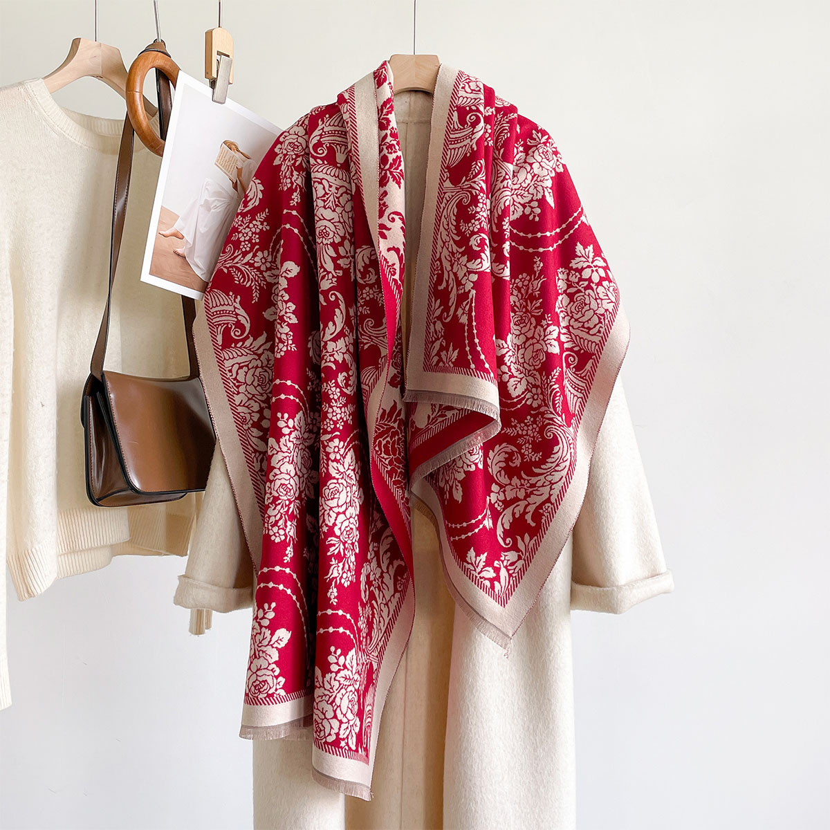 イミテーションカシミヤフリンジ付きスカーフ 女性用 厚手 暖 - Pashmina Wrap Large のレビューと価格